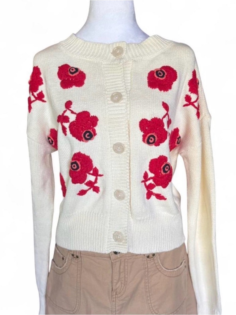 Francesca’s • Size Medium • Cream Red Poppy Embroidered Button Front Cardigan